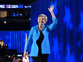 Image may contain: Elizabeth Warren, Face, Happy, Head, Person, Adult, Accessories, Glasses, Performer, and Solo Performance